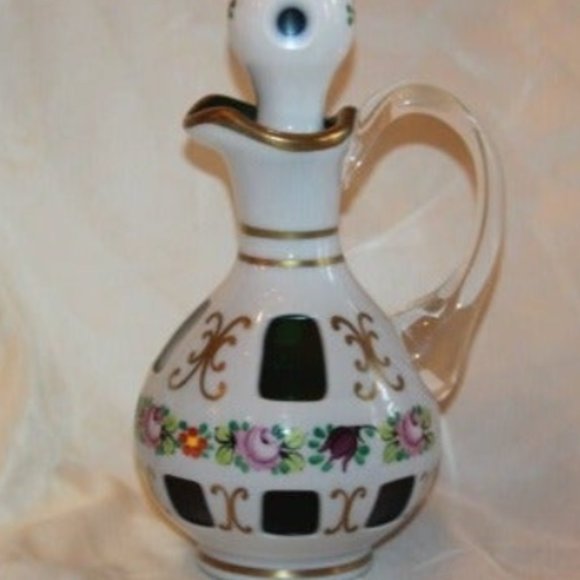 Czech Bohemian Cased Glass Green to White Cruet & Stopper - Picture 1 of 5